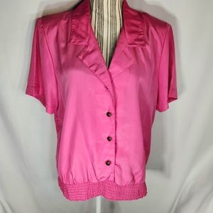 Lauren Lee Pink Barbiecore Short Sleeve V NECK Button Down Elastic Hem Top Sz 16
